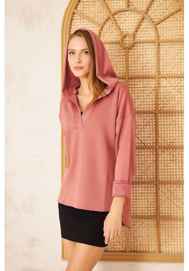 Kadın Scuba Kapüşonlu Arkası Uzun Salaş Rahat Kalıp Sweatshirt 3506230 Gülkurusu