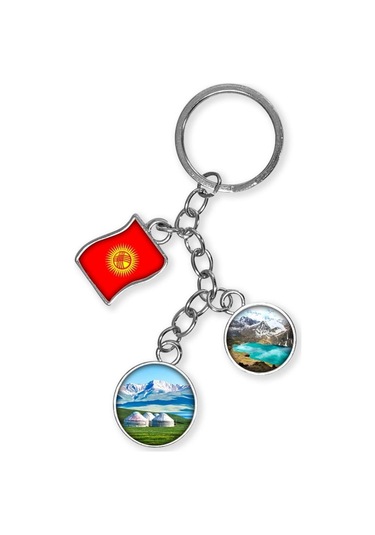 Kırgızistan Üçlü Epoksi Metal Çift Taraflı Damla Anahtarlık Kyrgyzstan Gümüş