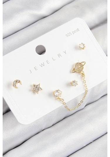 Pirinç Zirkon Taşlı Yıldız Ve Gezegen Model Gold Renk 925 Ayar Gümüş Çivi Kadın Küpe Set - Tj-bkp111 çok renkli