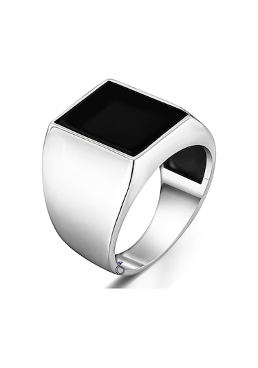 Gümüş Dikdörtgen Siyah Oniks Taşlı Sade Tasarım Erkek Yüzük