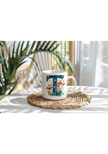 T Baş Harfi Fantastik Mantarlı Kupa Bardak - Kişiye Özel Masalsı Bardak - Hediye Beyaz