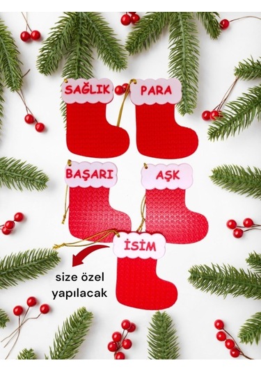 Yılbaşı Çam Ağacı Süsleri Yeni Yıl Çorap 4+1 Adet İsme Özel Noel Baba