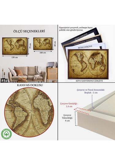 Çerçeveli Eskitme Dünya Haritası Vintage Dekoratif Kanvas Tablo-1105