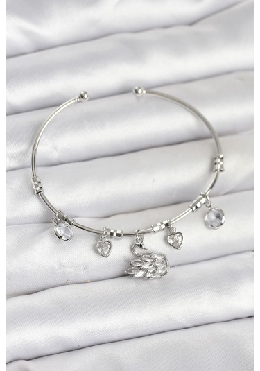 Kuğu Charmlı Gümüş Renk Kadın Bileklik Çok Renkli