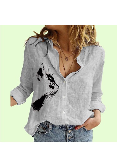 Gri Bayanlar Rahat Kedi Baskı Bluzlar Kadın Moda Yaka Yaka Hırka Gömlek Ince Pamuk Keten Üst Gri Bayanlar Rahat Kedi Baskı Bluzlar Kadın Moda Yaka Yaka Hırka Gömlek Ince Pamuk Keten Üst