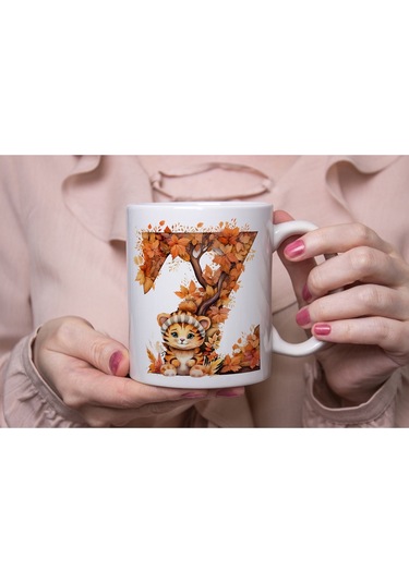 Z Harf Sonbahar Yaprak Temalı Kupa Bardak - Sevimli Figürler İle Alfabe Harfli Bardak - Kişiye Özel Beyaz