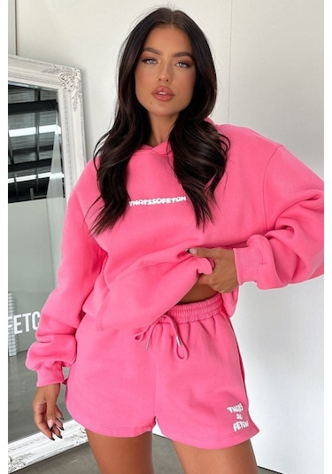 Thatsofetch Sweatshirt - Pembe Baskılı Oversize Kapüşonlu Pembe