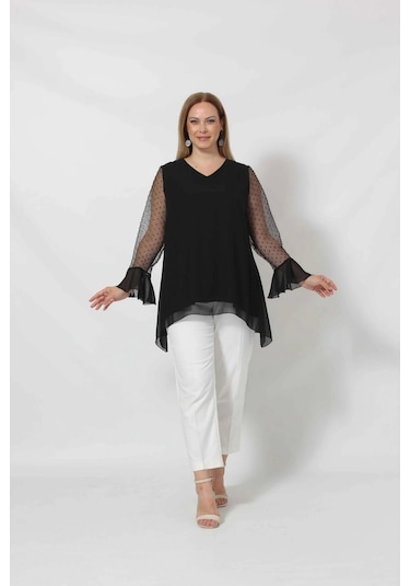 1939-5s Siyah Kolu Puantiye Dantelli Şifon Şık Bluz Siyah