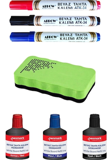 Arrow Doldurulabilir Tahta Kalemi Seti 3 Renk Penmark Tahta Kalemi Mürekkebi 3 Renk Tahta Silgisi Çok Renkli
