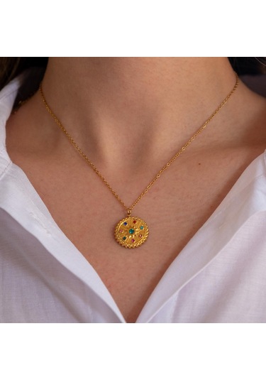 Çelik Kolye, Altın Kaplama Zodyak Burçlar Çemberi Kadın Kolye K-123 Altın