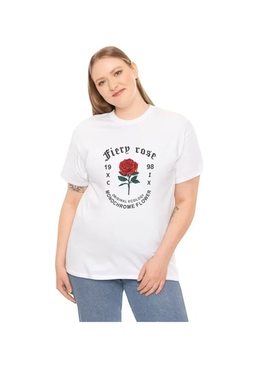 Unisex Bisiklet Yaka Baskılı T-shirt - Beyaz Karışık