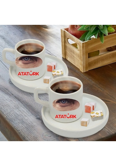 Mustafa Kemal Atatürk Tasarımlı Türk Kahvesi Fincanı Ve Altı Beyaz