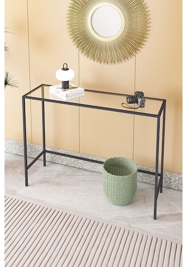 Canvas Metal Dresuar Dekoratif Kahve Köşesi Konsol Siyah Şeffaf Camlı Siyah