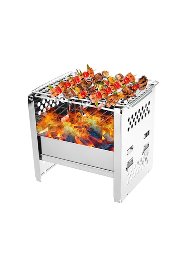 Mufunye Çadırda Ve Piknikte Kullanılabilir Çıtırlık Sağlayan Kolapslanabilir Çelik Barbekü Izgarası Gümüş