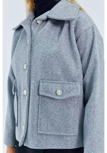 4410 Kadın Balık Sırtı Kısa Kaban Gri Gri