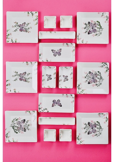 Piatti Naturali 16 Parça 6 Kişilik Kelebek Kahvaltı Takımı Handmade Sunum Seti Çok Renkli