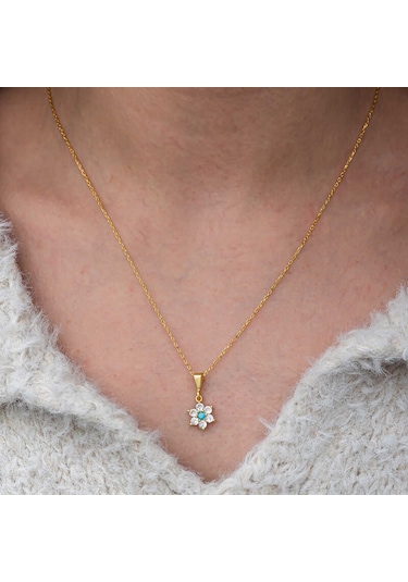 Blackcraft Gümüş Mavi Taşlı Gold Çiçek Kadın Kolye Bc-e74b06 Renkli