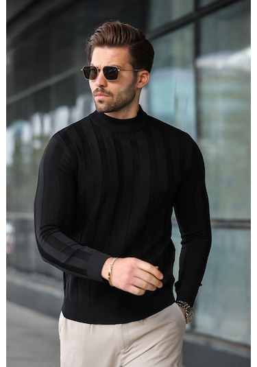 Siyah Yarım Balıkçı Erkek Triko Kazak E7423 Siyah