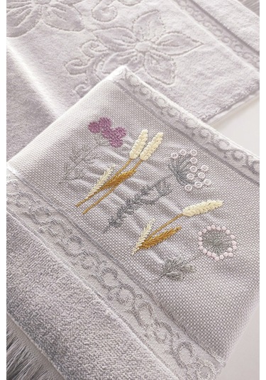 2'li Nakışlı Jakarlı Kadife El Yüz Havlusu - %100 Pamuk - Gri Grı Gri