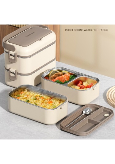 Xindoker 304 Paslanmaz Çelik Çift Katlı Isı Tutucu Yemek Kutusu, Su Enjeksiyonu İle Isınabilir, Sıvı Geçirmez, Çatal Kaşık Dahil, Kahverengi
