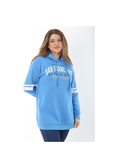Kadın Büyük Beden Mavi İçi Şardonlu Üç İplik Kapşonlu Sweatshirt 65n37464-mavi Mavi