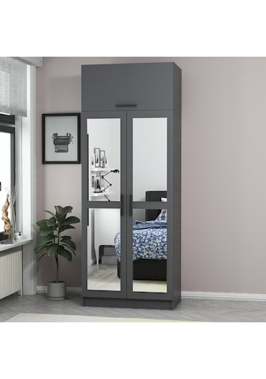Minar Kale 2 Kapaklı 2 Aynalı Dolap Ve Yüklük Antrasit 255cm Antrasit