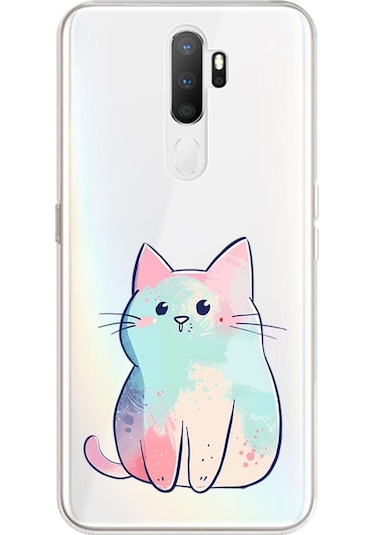 Oppo A5 2020 Uyumlu Pastel Kedi Desenli Silikon Kılıf