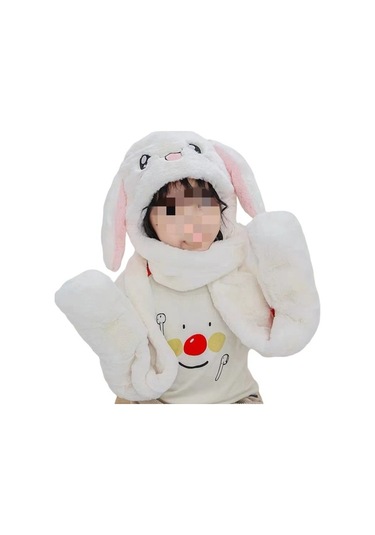 Kulakları Hareket Ettiren Tavşan Atkı Eldiven Peluş Şapka Xmx4Zb Beyaz