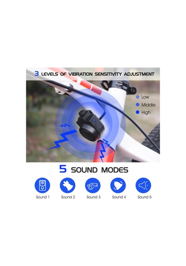 Kablosuz Bisiklet Kornası 115db Yüksek Sesli Bisiklet Hırsızlık Önleyici Korna Ipx5 Bisiklet Alarm Zili 5 Ses Modu 3 Titreşim Hassasiyeti Ayarı 3 Ses Ayarı