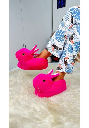 Kadın Panduf Tavşan Figürlü Peluş Ev Botu Desenli Düz Taban Rahat Hafif 359 Fuşya