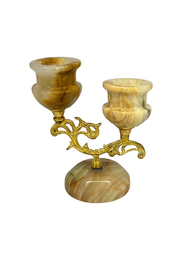 Oniks Doğal Taştan 2 Li Şamdan - Dekoratif Prinçli Doğal Taş Şamd