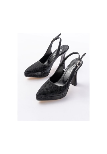 B-2101 Siyah Günlük Arkası Açık Yılan Desenli Topuklu Bayan Ayakkabı Renksiz