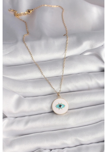 316l Çelik Gold Renk Zincir Beyaz Mineli Turkuaz Göz İşleme Model Kadın Kolye Çok Renkli