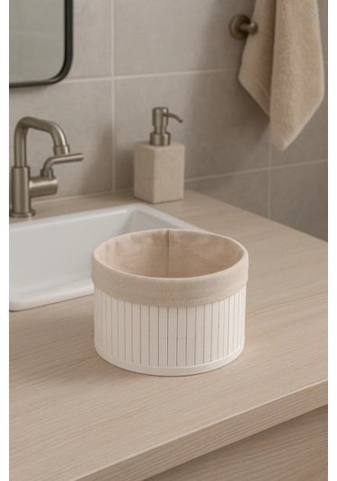 Yuvarlak Bambu Organizer Sepet Katlanır Banyo Düzenleyici 6008-4 Beyaz