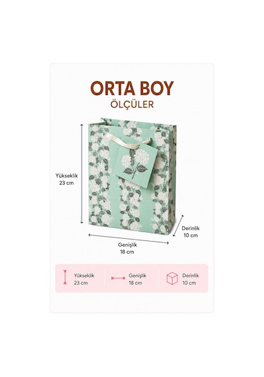 50 Adet 23 X 18 X 10 Cm - Mint Çiçek Desenli Orta Boy Karton Hediye Çantası 3+