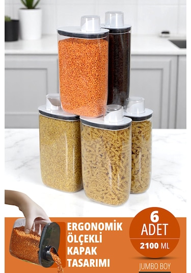 İronika 6'lı Silikon Kapaklı Ölçülü Saklama Erzak Bakliyat Kabı Kutusu Seti 2100 Ml Şeffaf