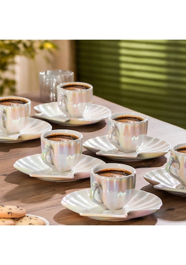 Porsima Vf079 Oregon İnci 6 Kişilik Porselen Fincan Seti 12 Parça Türk Kahvesi Fincanı Takımı-90ml Beyaz