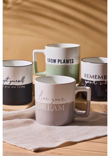 Motto 4'lü Porselen New Bone China 400 Ml Kupa Mug Seti Çok Renkli