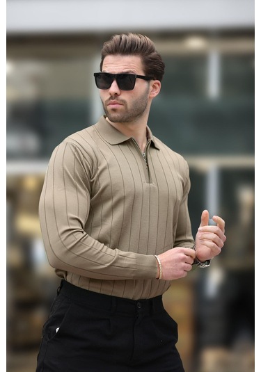 Madmext Açık Kahverengi Polo Yaka Fermuarlı Örme Kazak 7242 Açık Kahverengi