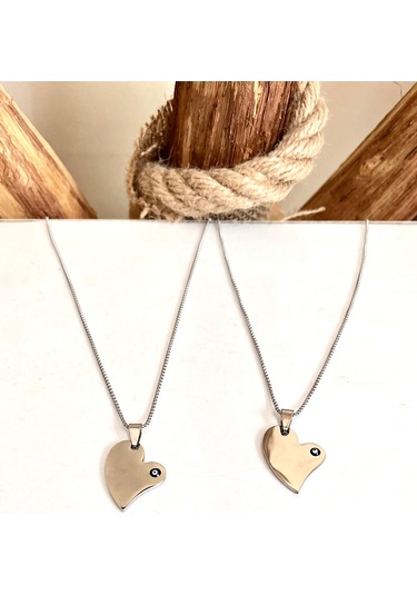 Gns Aksesuar Aşk Temalı Kalp Ve Nazarlık Detaylı Sevgili Çelik Kolye Seti Gümüş