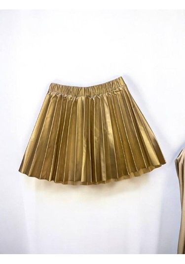 Kız Bebek Pileli Deri Etek-14903 Altın