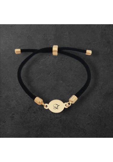 Z Harfine Özel İpek Örgülü 14 Ayar Altın Plakalı Oval Motifli Hediye Bileklik-320harf-siyah Altın
