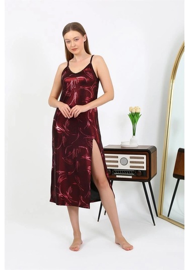 Giyim Kadın İp Askılı Uzun Parlak Micro Elbise Gecelik Bordo Bordo