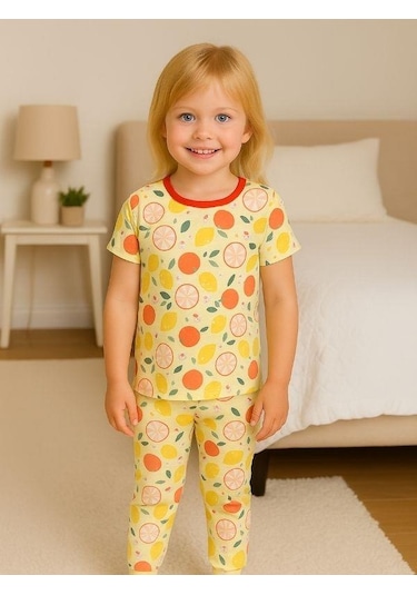 Kız Çocuk Pamuklu Meyve Desenli Kısa Kol Pijama Takımı-16027 Sarı