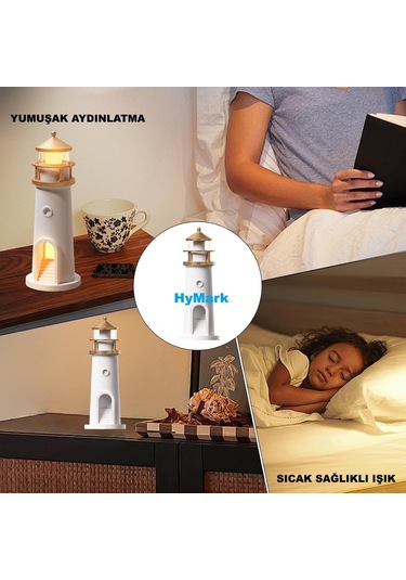 Hymark Deniz Feneri Projektör Ay Led Gece Lambası Kumandalı Kısılabilir Zamanlama Krem Üzeri Gold Patineli