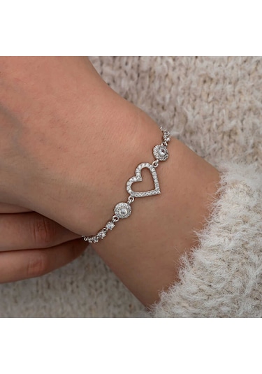 Artsmagazinmücevher Gümüş Zirkon Taşlı Kalpli Kadın Bileklik