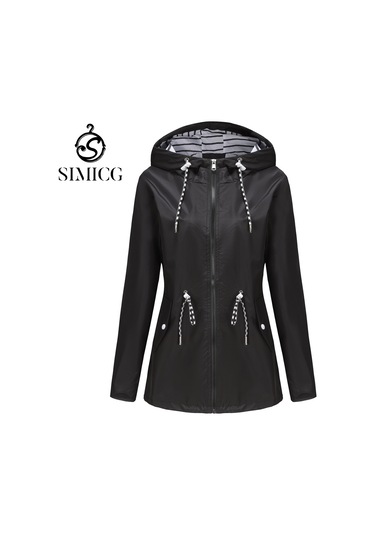 Kadınlar İçin Orta Boy Kapüşonlu Yağmurluk Büyük Beden Trençkot Siyah