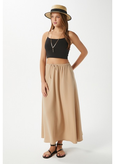 Kadın Trend Modal Serin Kumaş Bej Bel Lastikli Cepli Rahat Kalıp Uzun Etek