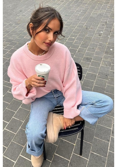 Madmext Madmext MG1972 Bisiklet Yaka Oversize Triko Kadın Kazak - Pembe