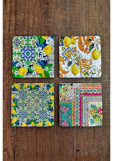 Doğal Taş Bardak Altlığı 4'lü Set - Limon Ağacı Desenli Taş Bardak Altı - Stone Coasters Çok Renkli